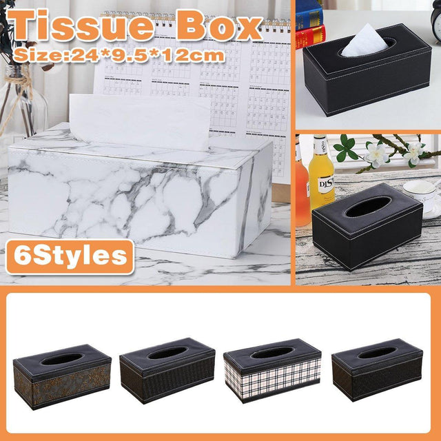 Black woven pattern PU leather tissue box holder shown on a table