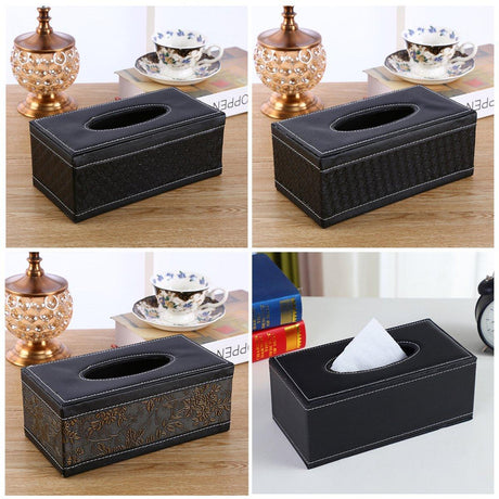 Woven black tissue box holder styled on a bathroom vanity