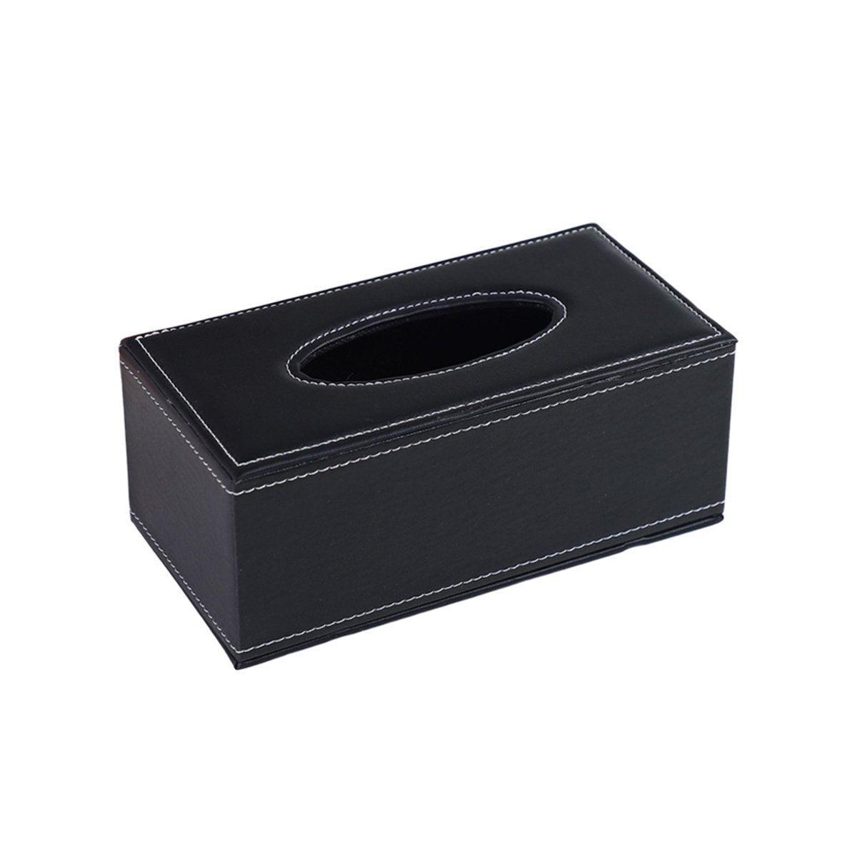 Woven black PU leather tissue box holder in a hotel room setting