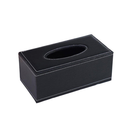 Woven black PU leather tissue box holder in a hotel room setting