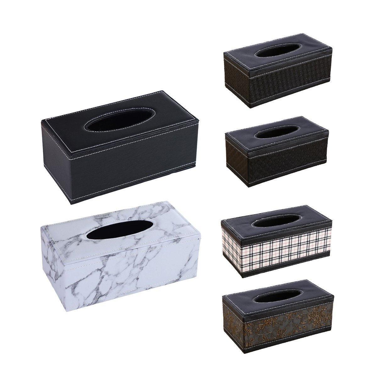 PU leather tissue box cover in black, front view with stitched edges