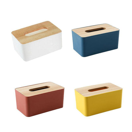 Blue rectangular tissue box with a natural wooden lid