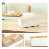 Wooden lid lifted from the blue PP tissue box showing the inner compartment
