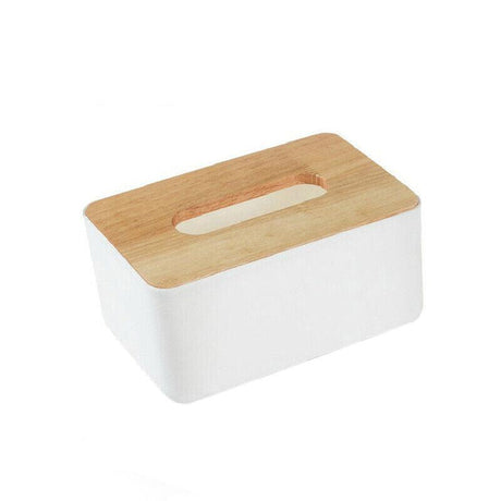 Side profile of the blue and timber tissue box dispenser