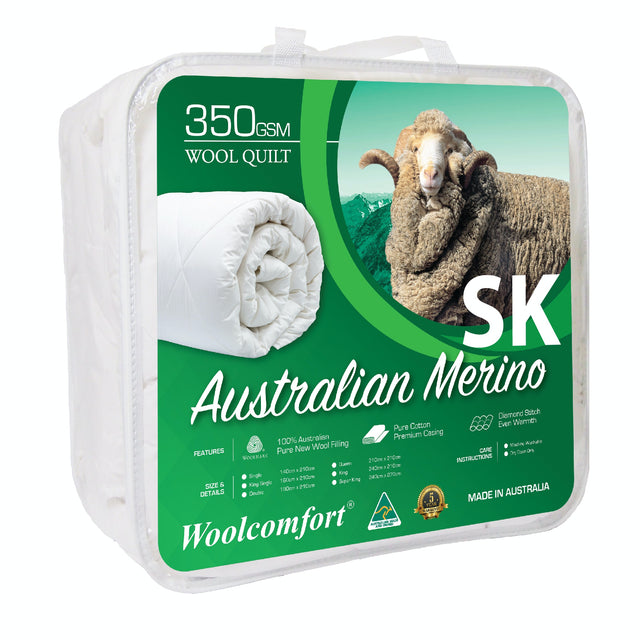 Winson Australian made Merino wool quilt with diamond stitch cotton cover on a Super King bed