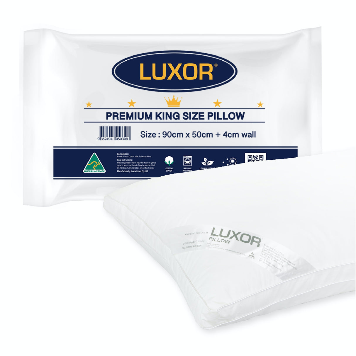 Luxor Australian Made Hotel King Size Pillow — 4cm Wall, Single — Allure Home Collections