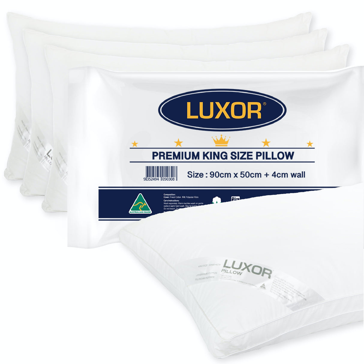 Luxor Australian Made Hotel King Size Pillows — 4cm Wall, Four Pack — Allure Home Collections