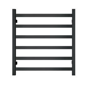 Hastings Point 6 bar square heated towel rack in matte black on a bathroom wall