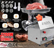 Stainless steel commercial meat mincer with feeding tray, front view