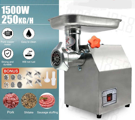 Silver 1200 W electric meat grinder shown from the side with grinding head