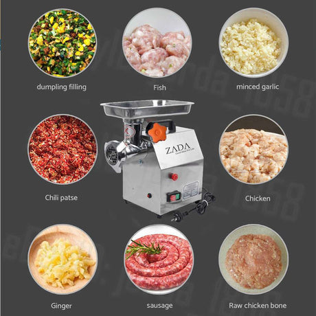 Dimensions view of the commercial meat mincer measuring 41 by 38.5 by 21.9 cm