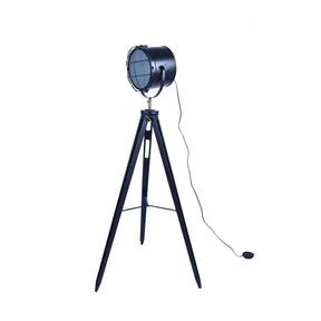 Nautical tripod floor lamp with adjustable matte black spotlight head