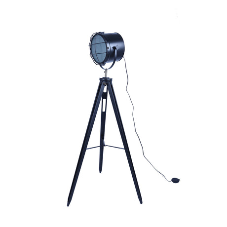 Nautical tripod floor lamp with adjustable matte black spotlight head