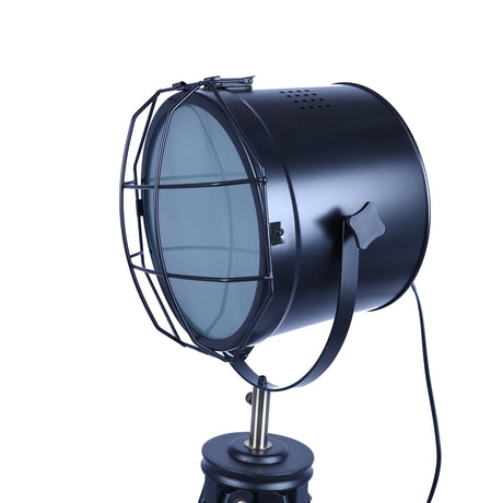 Nautical tripod floor lamp with adjustable matte black spotlight head