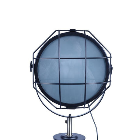 Nautical tripod floor lamp with adjustable matte black spotlight head