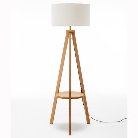 Natural Rubberwood Tripod Floor Lamp with Round Shelf and Linen Shade — Allure Home Collections