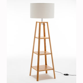Crewe natural wood three tier shelf floor lamp with off white shade