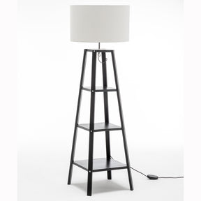 Crewe natural rubberwood three tier shelf floor lamp with off white linen shade
