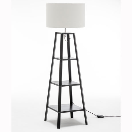 Eiffel 3-Tier Natural Rubberwood Floor Lamp with Linen Shade and Storage Shelves — Allure Home Collections