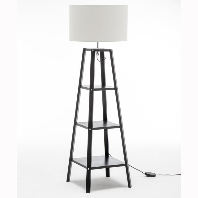 Eiffel 3-Tier Natural Rubberwood Floor Lamp with Linen Shade and Storage Shelves — Allure Home Collections