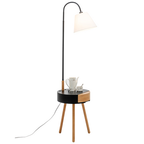 Tripod floor lamp with storage drawer, USB charger and off white linen shade