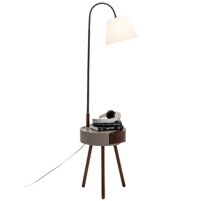 Tripod floor lamp with storage drawer, USB charger and off white linen shade