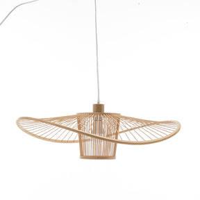 Lerici natural bamboo wide brim pendant lamp above a relaxed lounge