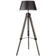 Hollis vintage pine tripod floor lamp with black linen shade in a living room