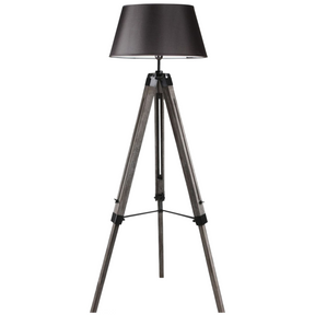 Hollis vintage pine tripod floor lamp with black linen shade in a living room