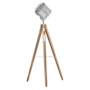 Nautical tripod floor lamp with chrome spotlight head and white washed pine base