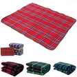 Newby fleece plaid picnic rug 150 x 130cm folded with carry handle showing soft plaid top and water resistant backing