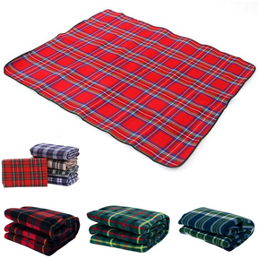 Newby fleece plaid picnic rug 150 x 130cm folded with carry handle showing soft plaid top and water resistant backing