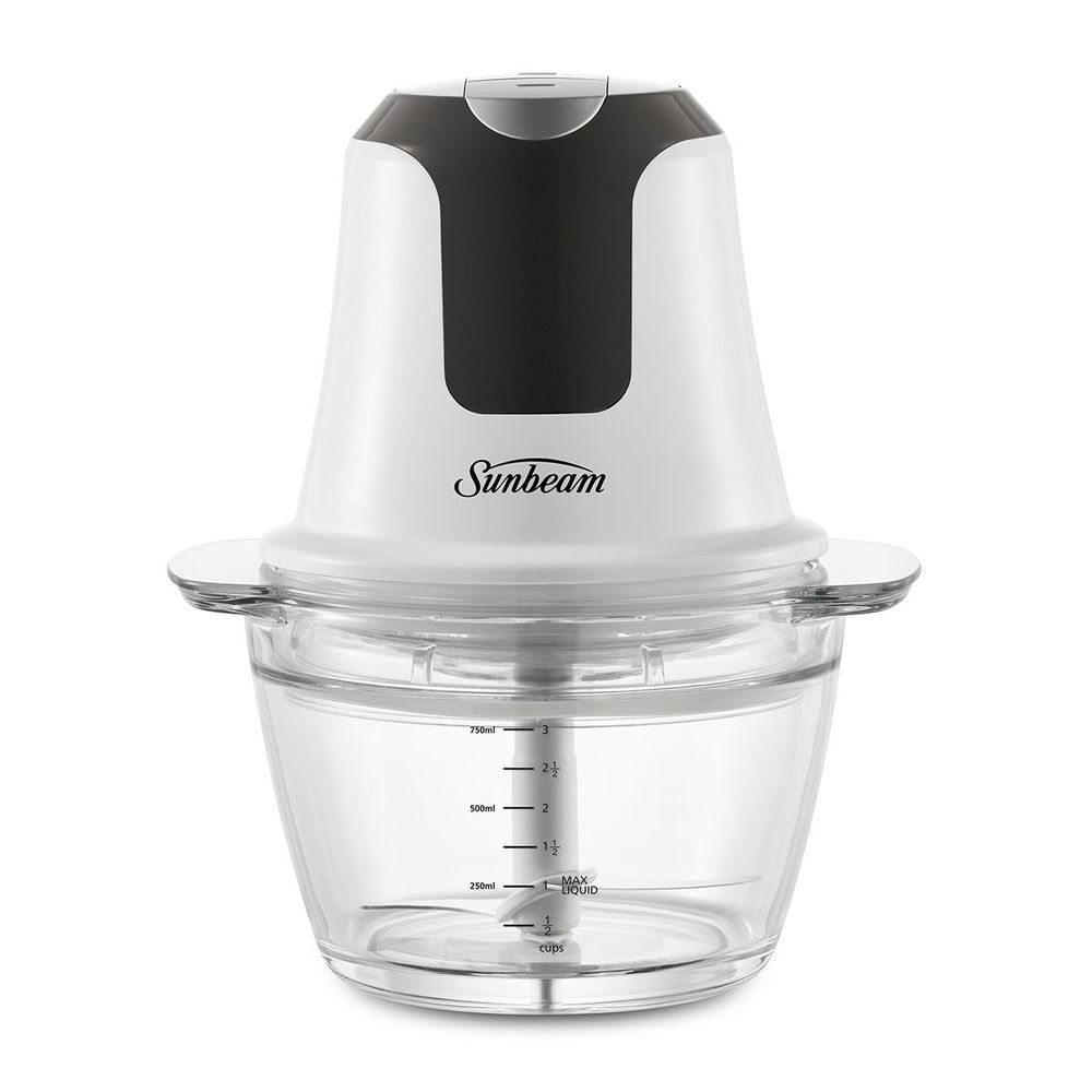 White mini food chopper with 750 mL glass processing bowl