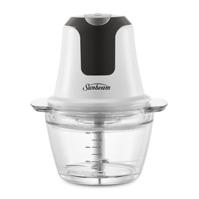 White mini food chopper with 750 mL glass processing bowl