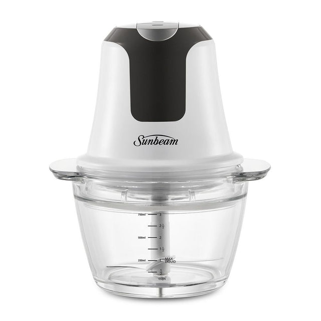 White mini food chopper with 750 mL glass processing bowl