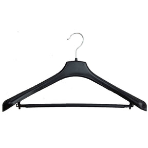 Pittsworth black broad shoulder suit hanger with silver hook and pants bar