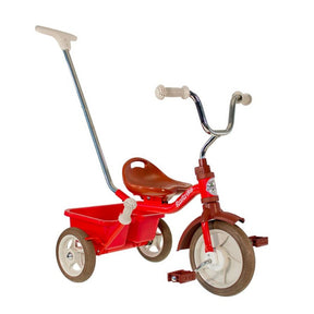 Champion red kids tricycle with parent push bar and rear bucket