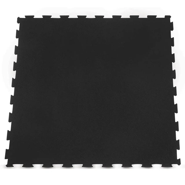 Single black interlocking rubber gym tile with puzzle edges