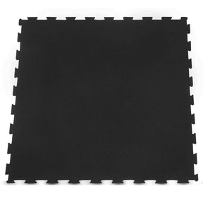 Black interlocking rubber gym tiles with puzzle edges joined together