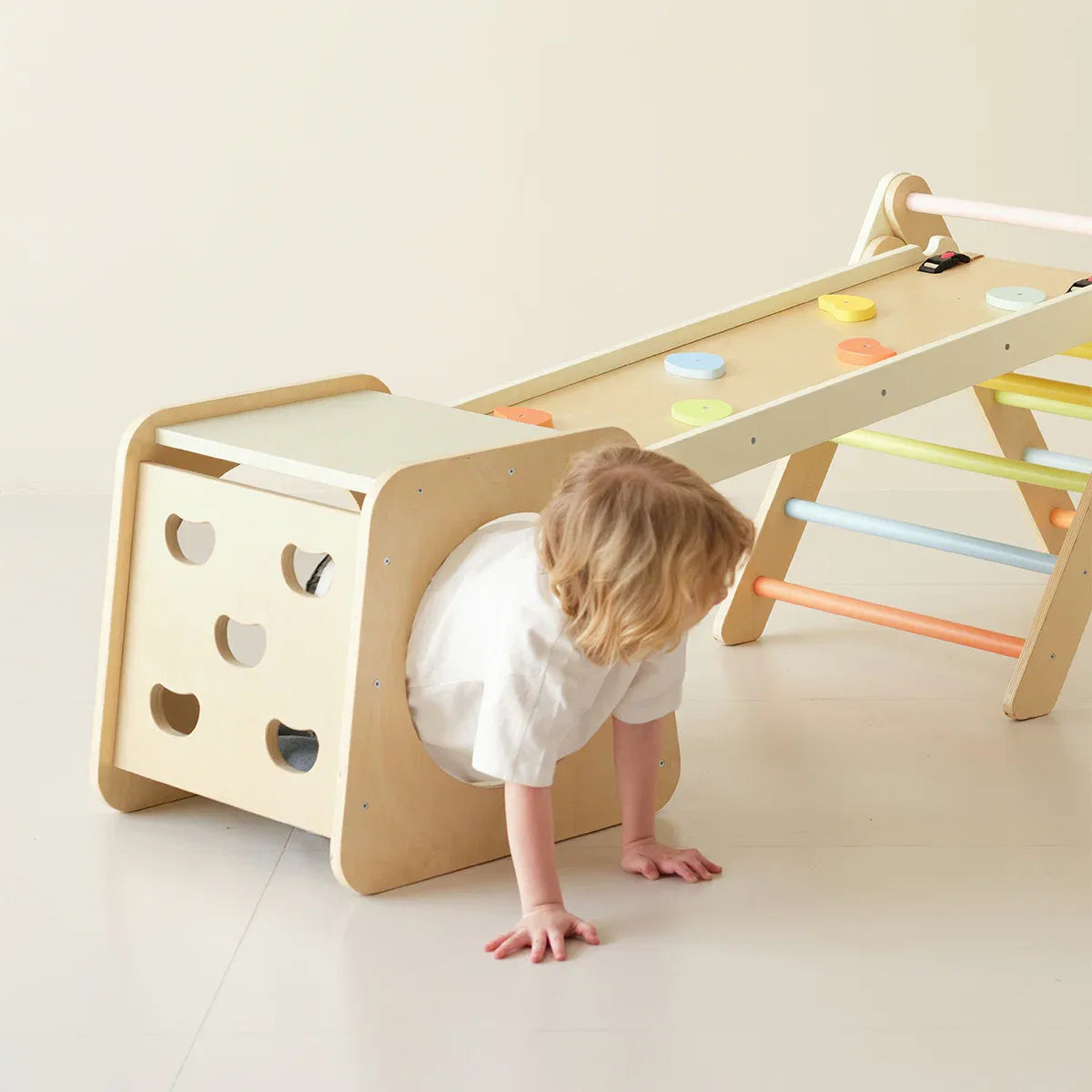 Wooden climbing frame side view