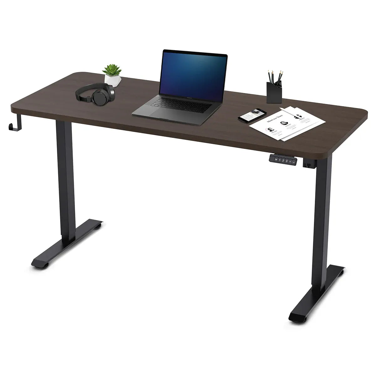 Reid walnut electric standing desk with black frame in a home office