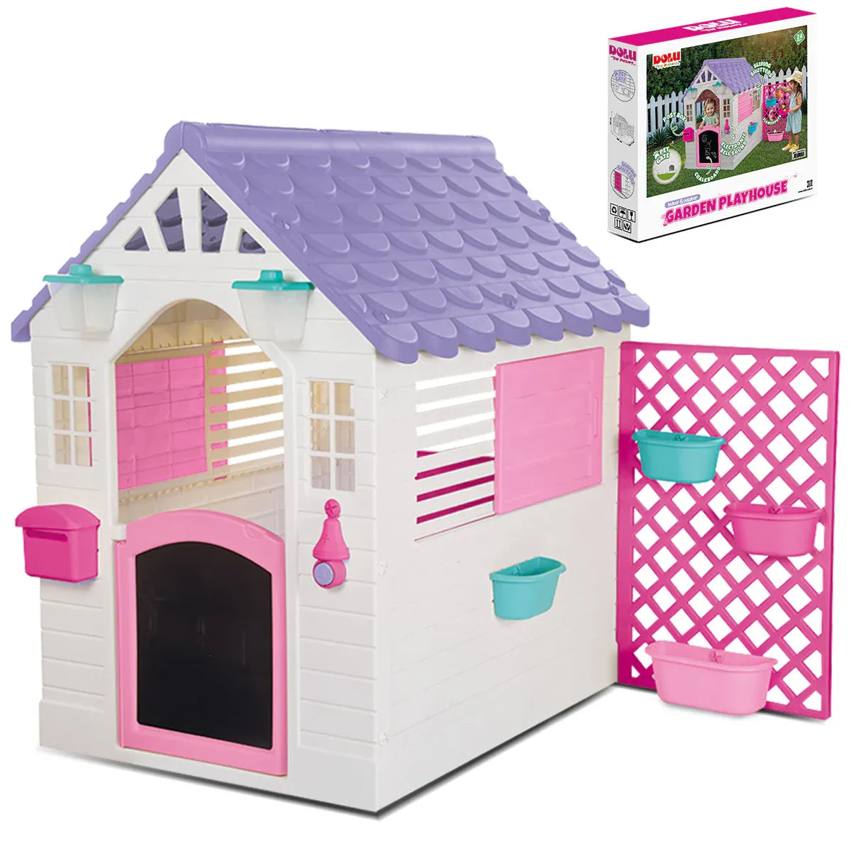 Garden playhouse with pink fence