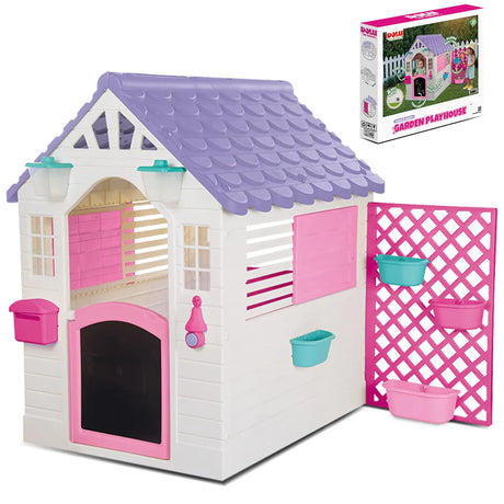 Garden playhouse with pink fence