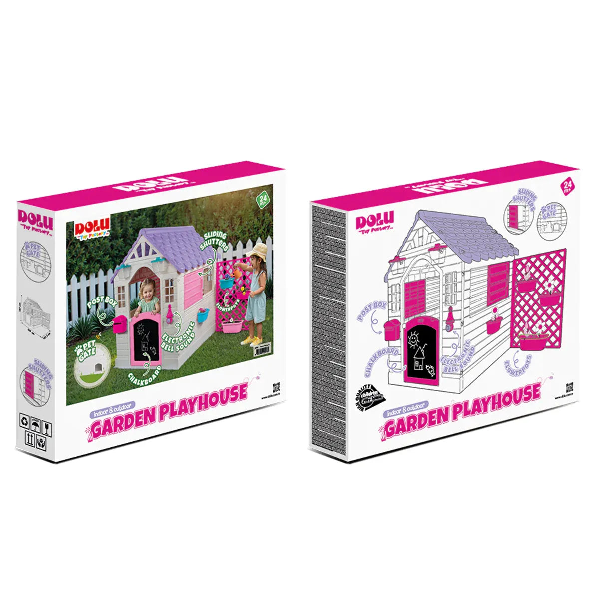 Garden playhouse with pink fence side view