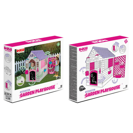 Garden playhouse with pink fence side view