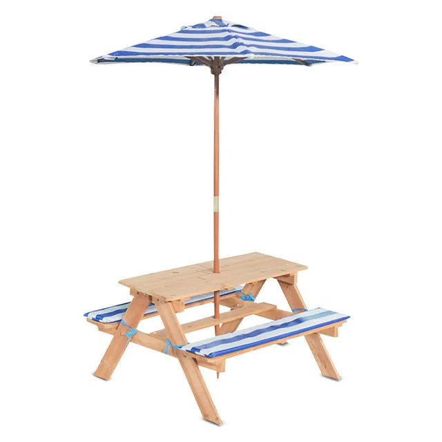 Kids timber picnic table with cushioned seating and UV protected umbrella