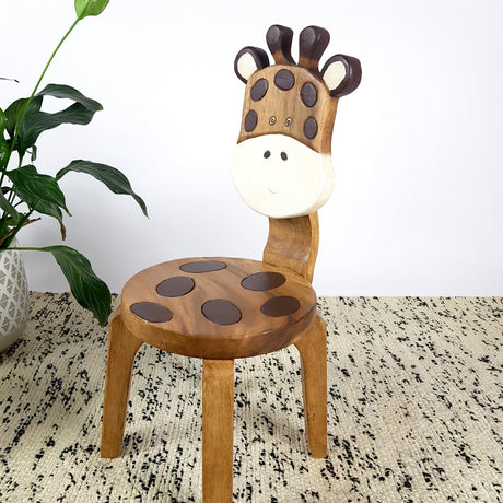 Kids Wooden Chair — Hand-Carved Giraffe Design, Solid Raintree Wood — Allure Home Collections