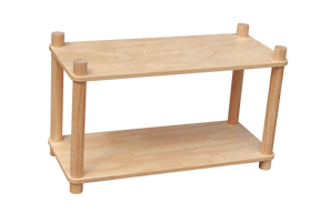 Uluwatu two tier plywood Montessori shelf with books and toys in a playroom