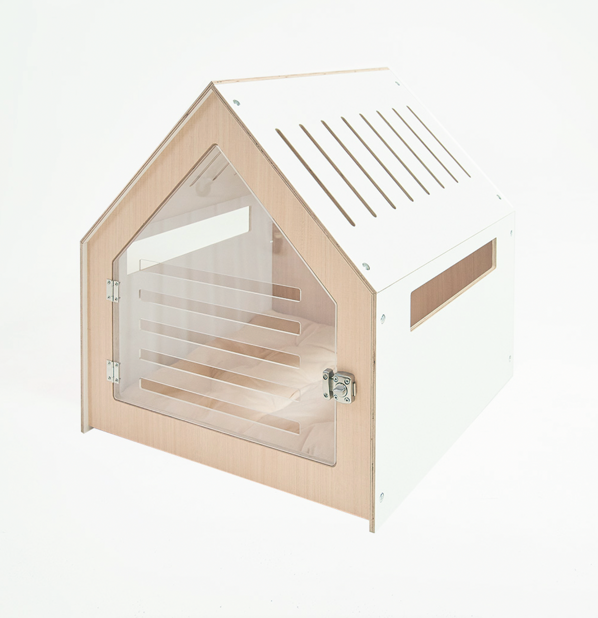 Collie modern dog crate in white with a clear acrylic perspex door and soft cushion in a living room
