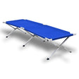 Blue folding camp stretcher bed with aluminium frame raised off the ground